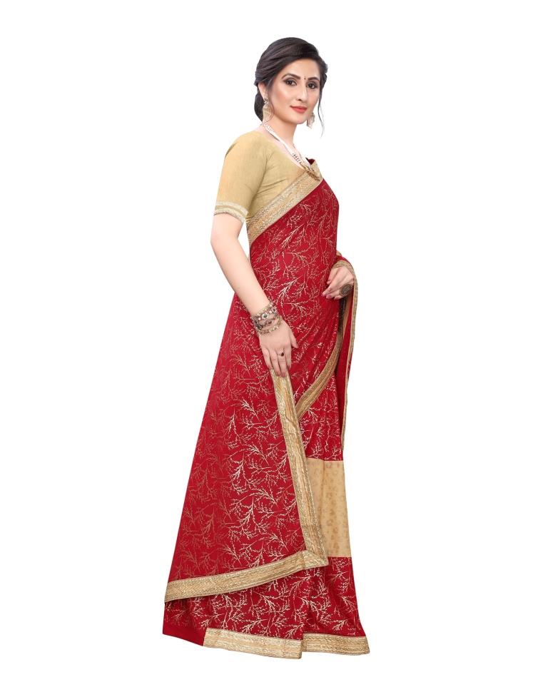 Red Coloured Lycra Printed Laced Partywear saree | Sudathi