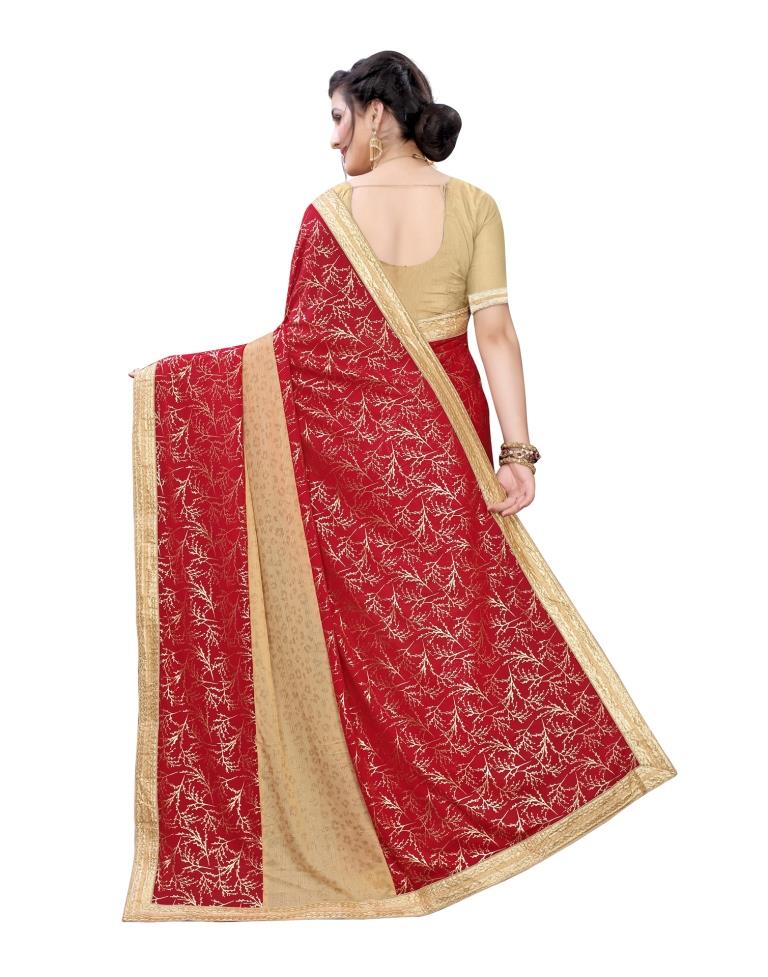 Red Coloured Lycra Printed Laced Partywear saree | Sudathi