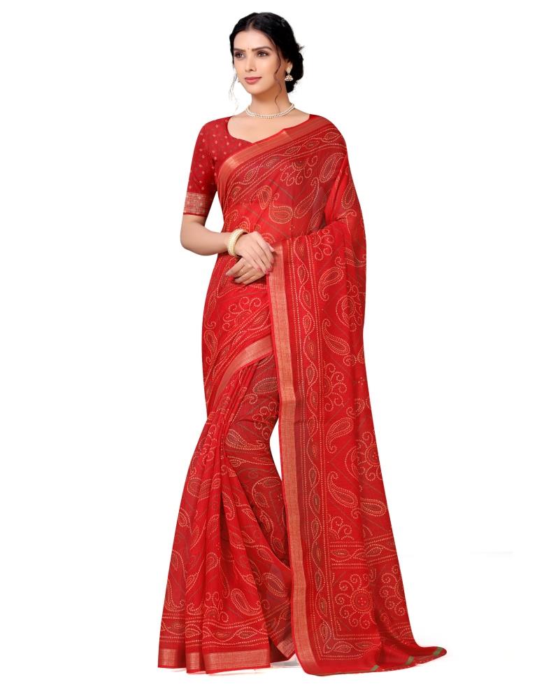 Red Coloured Bandhni Printed Cotton Saree | Sudathi