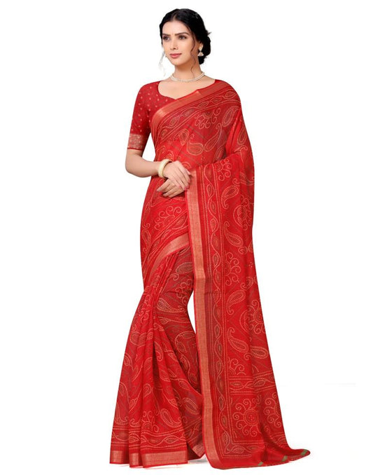 Red Coloured Bandhni Printed Cotton Saree | Sudathi