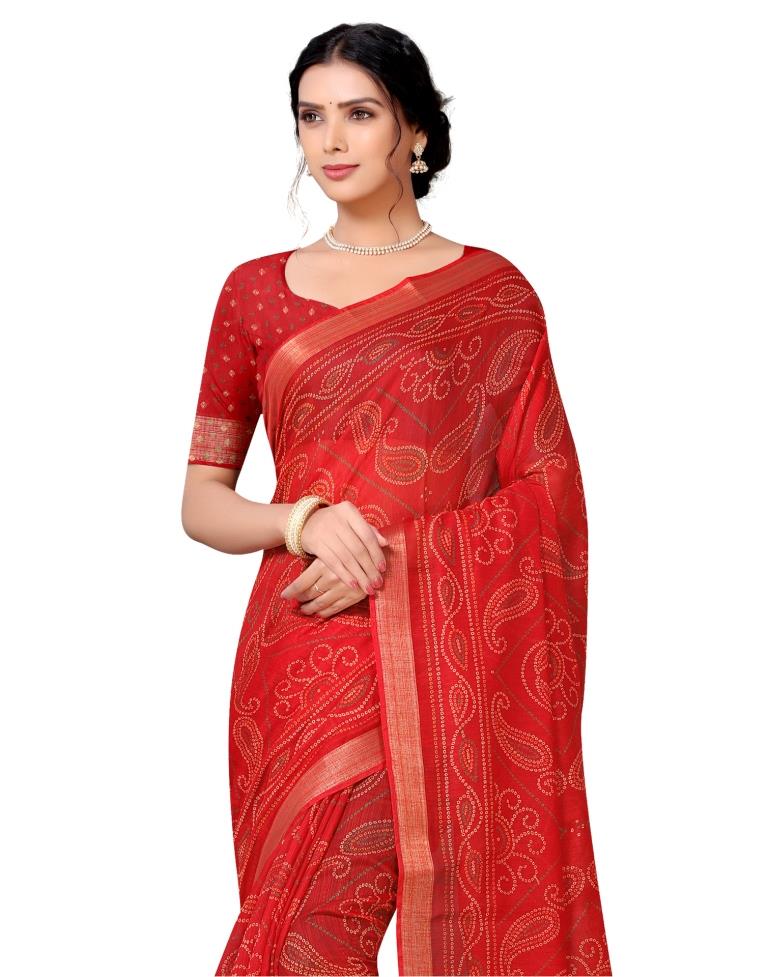 Red Coloured Bandhni Printed Cotton Saree | Sudathi