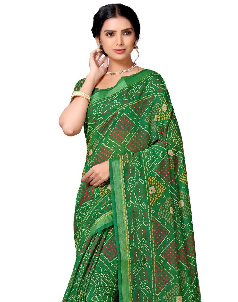 Green Coloured Cotton Blend Bandhani Printed Casual saree | Sudathi