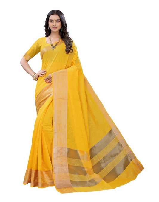 Yellow Cotton Slub Plain Saree | Sudathi