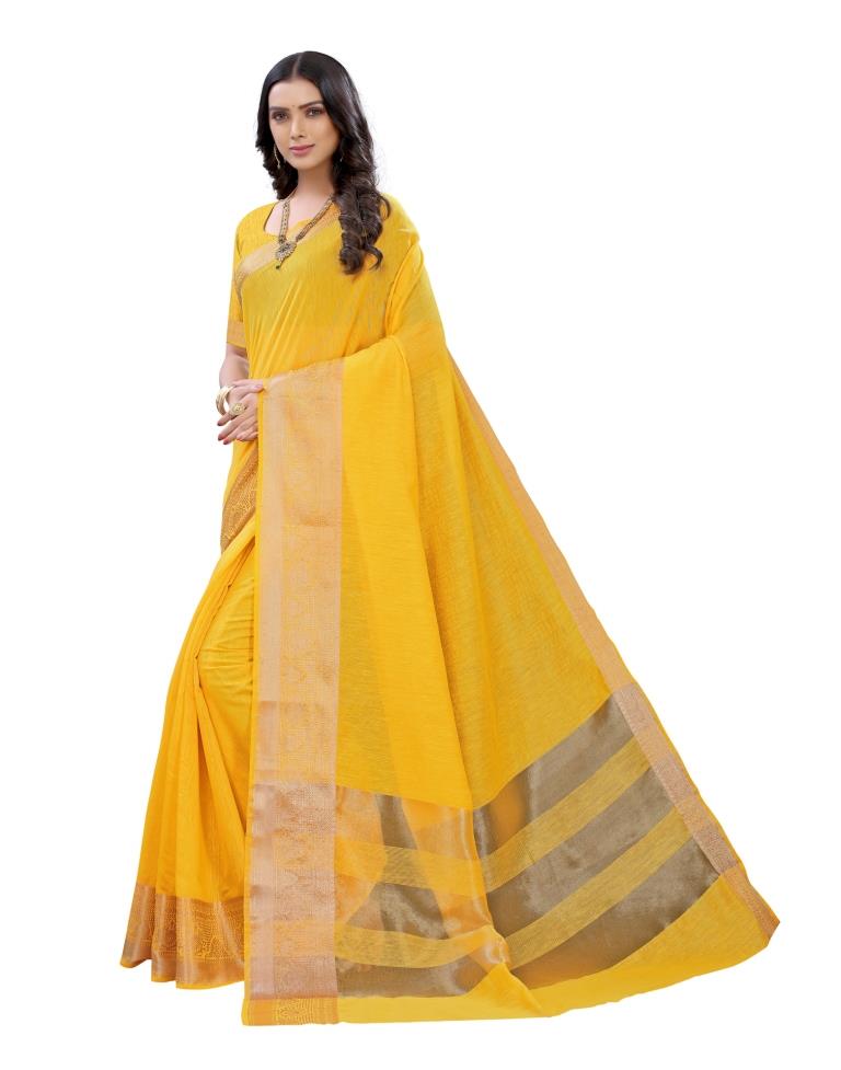 Yellow Cotton Slub Plain Saree | Sudathi