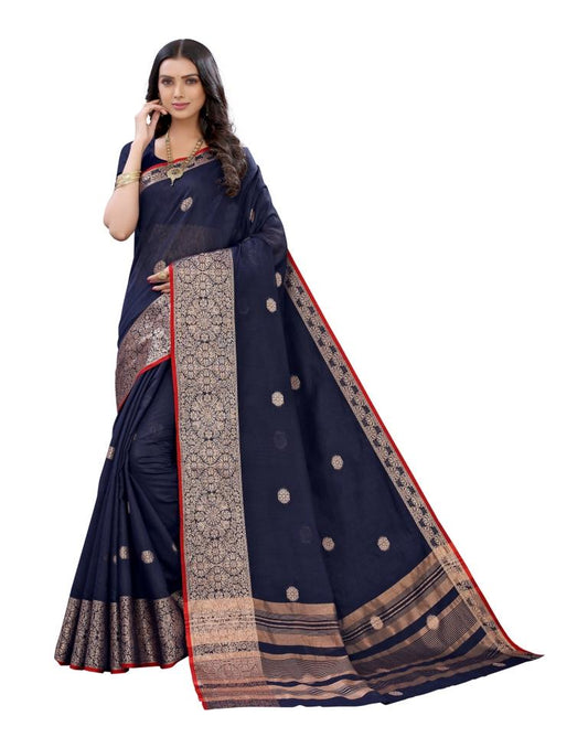 Blue Cotton Slub Plain Saree | Sudathi