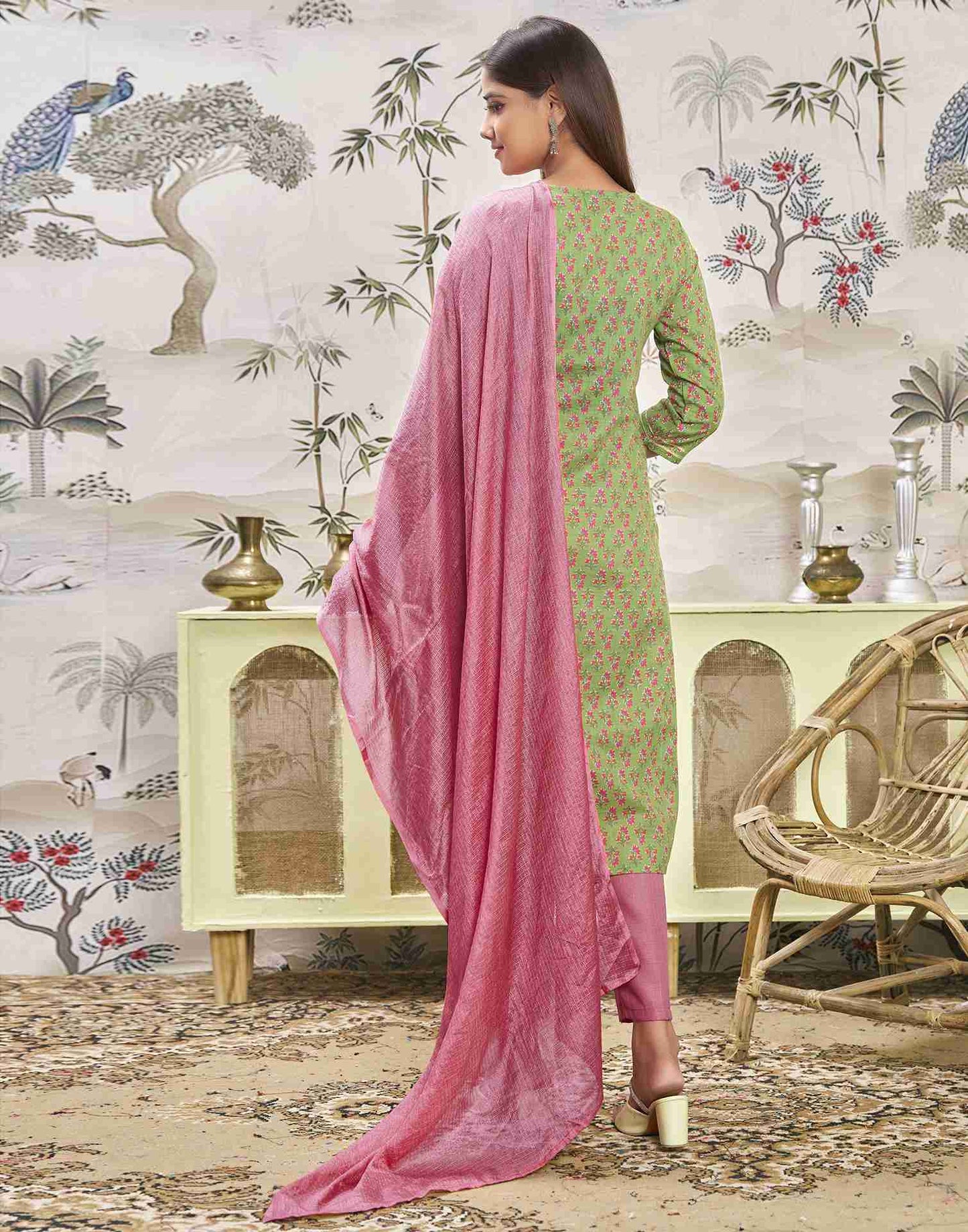 Green Embroidery Cotton Straight Kurta Set With Dupatta