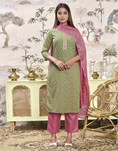 Green Embroidery Cotton Straight Kurta Set With Dupatta