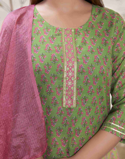 Green Embroidery Cotton Straight Kurta Set With Dupatta