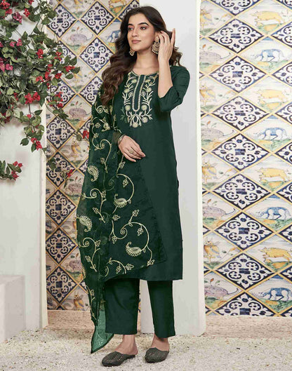 Bottle Green Plain Chinnon Straight Kurta Set With Dupatta