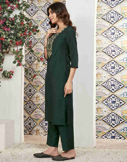 Bottle Green Plain Chinnon Straight Kurta Set With Dupatta