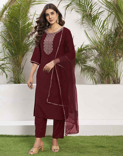 Maroon Embroidery Chinnon Straight Kurta With Pant And Dupatta