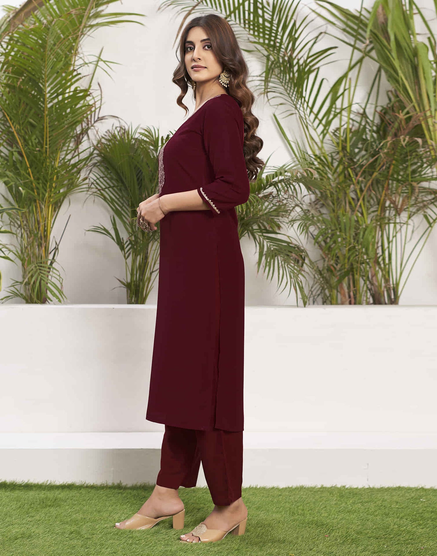 Maroon Embroidery Chinnon Straight Kurta With Pant And Dupatta