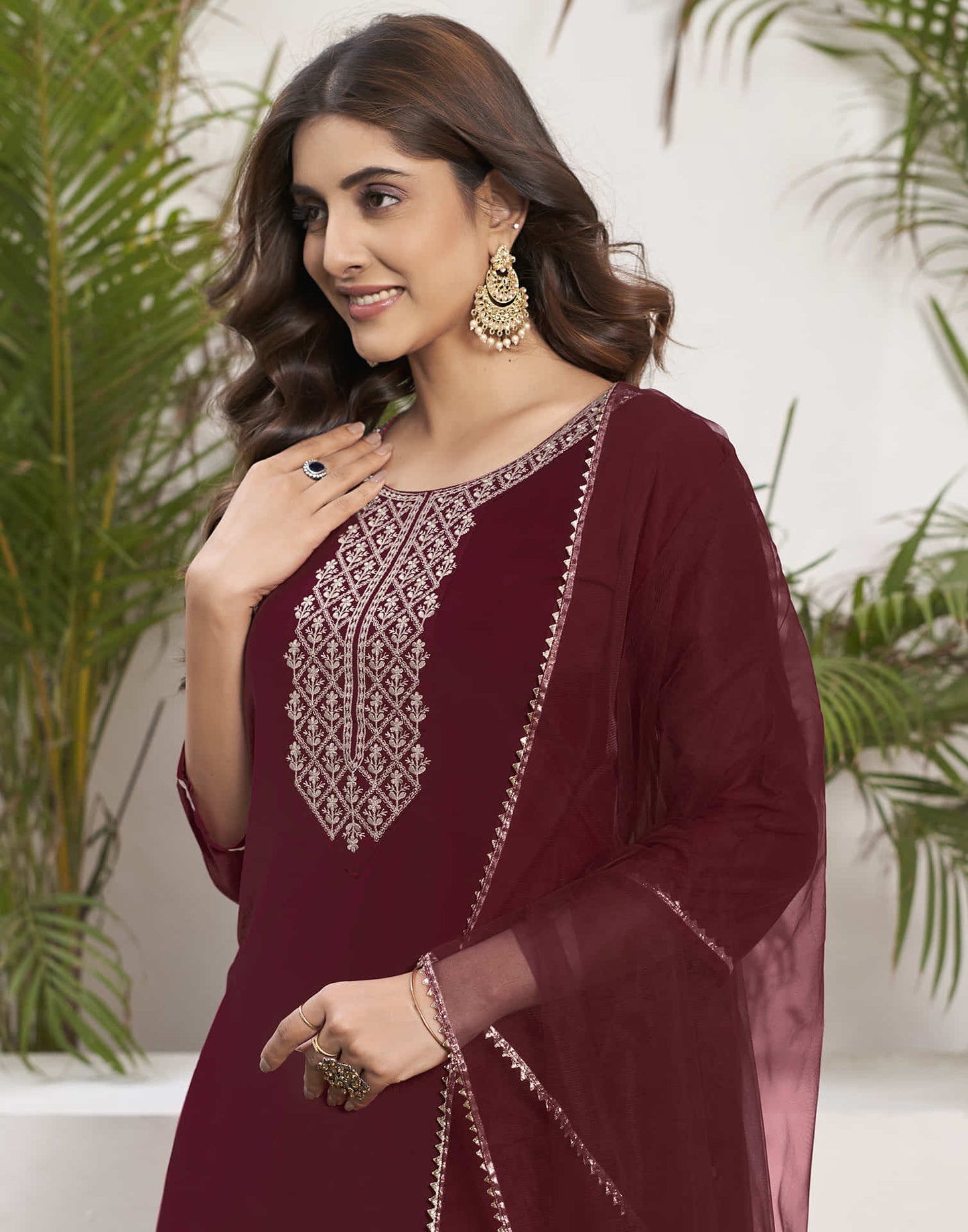 Maroon Embroidery Chinnon Straight Kurta With Pant And Dupatta