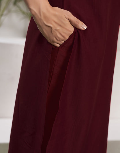 Maroon Embroidery Chinnon Straight Kurta With Pant And Dupatta