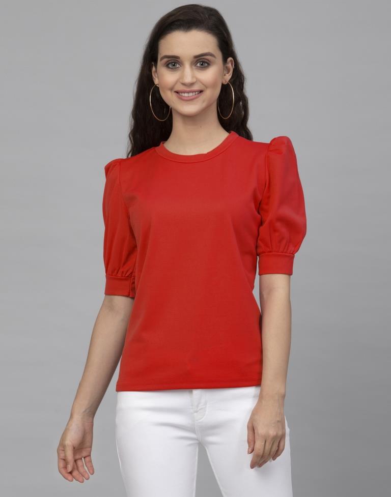 Majestic Red Coloured Knitted Lycra Tops | Sudathi
