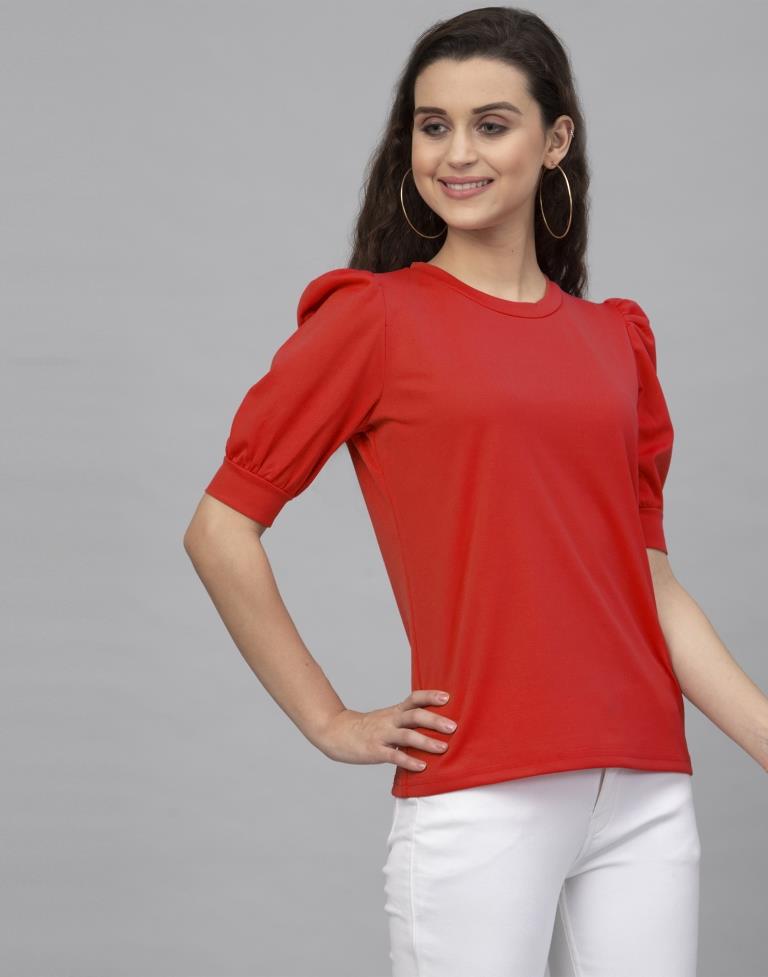 Majestic Red Coloured Knitted Lycra Tops | Sudathi
