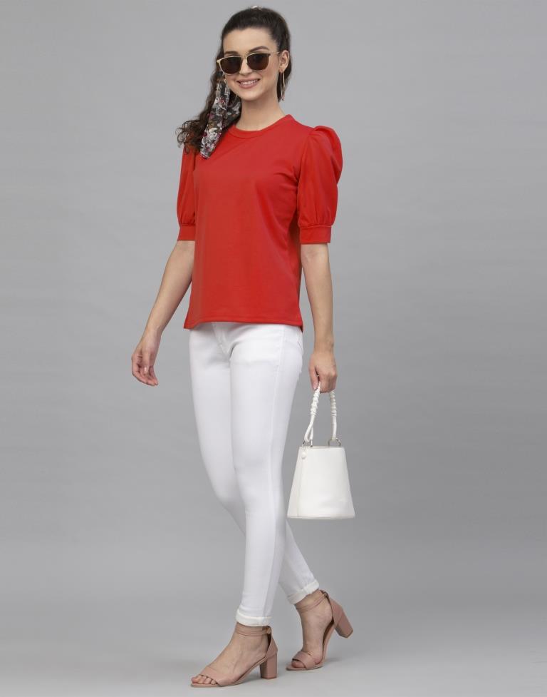 Majestic Red Coloured Knitted Lycra Tops | Sudathi