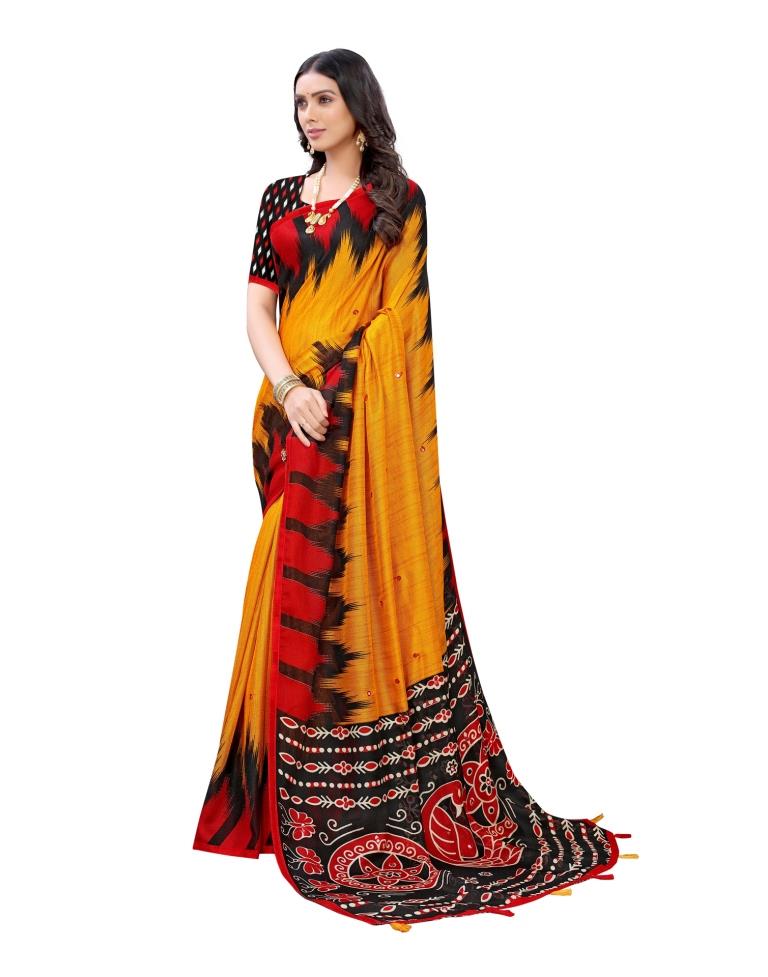 Mustard Yellow Printed Jute Saree