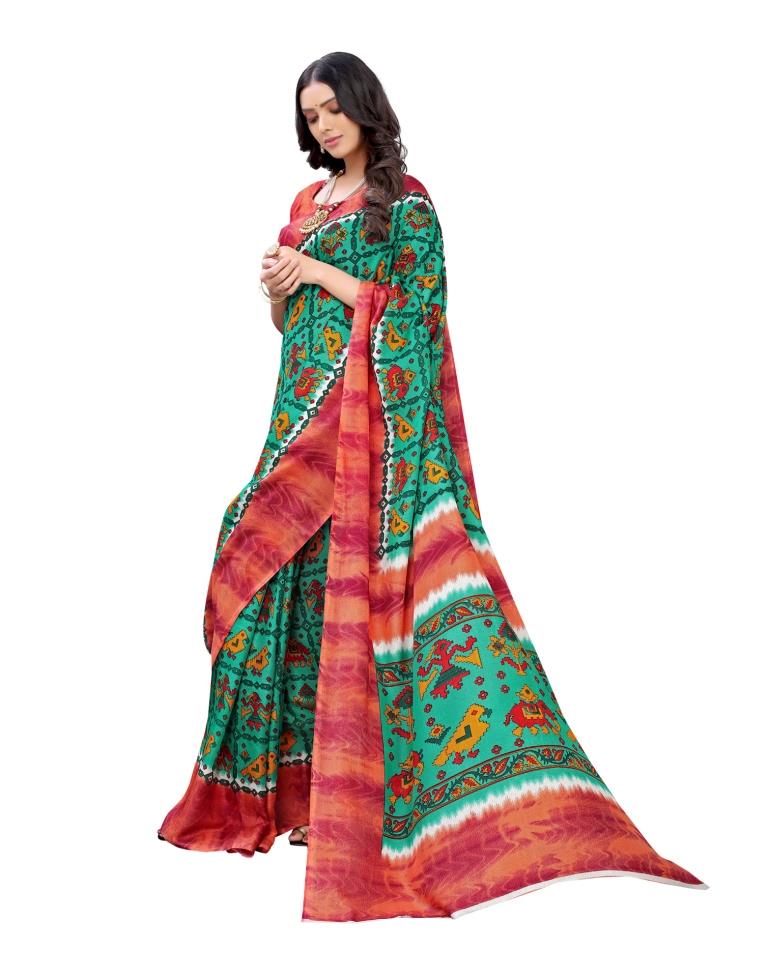 Green Coloured Poly Jute Printed Casual saree | Sudathi