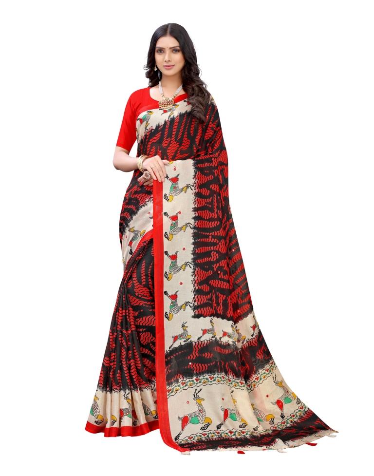 Red Coloured Poly Jute Printed Embellished Partywear saree | Sudathi