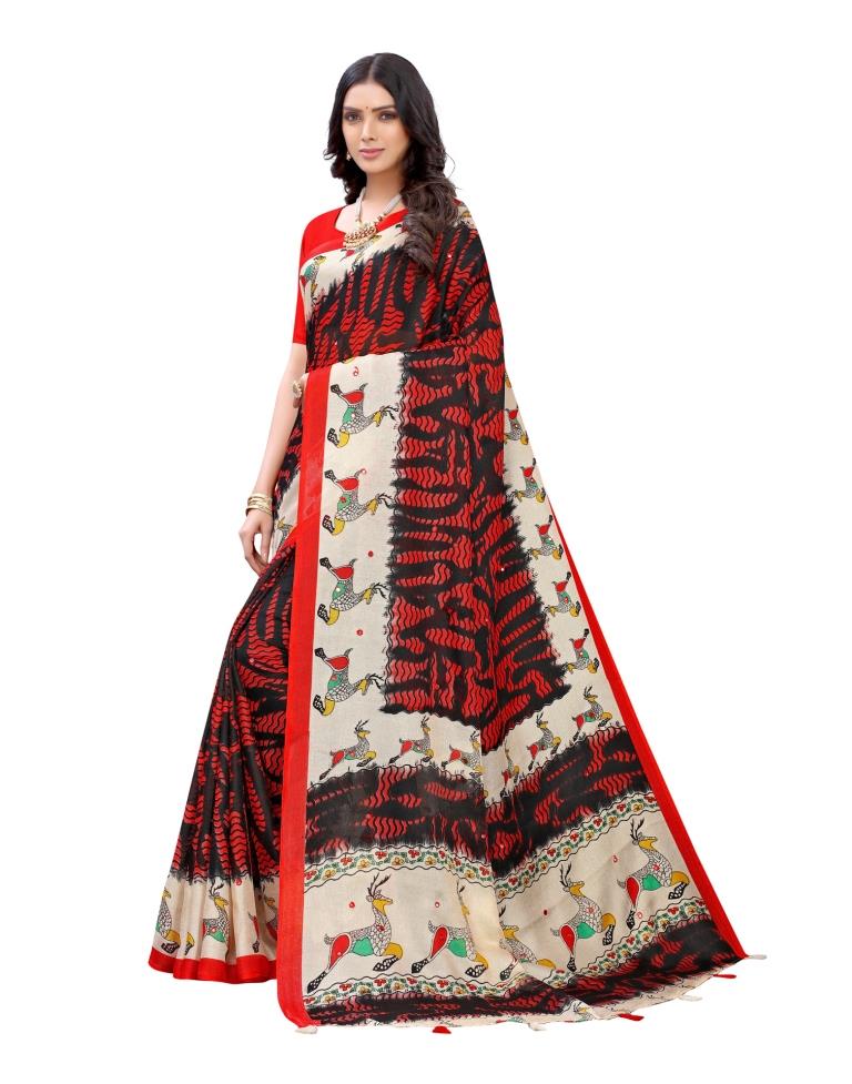 Red Coloured Poly Jute Printed Embellished Partywear saree | Sudathi