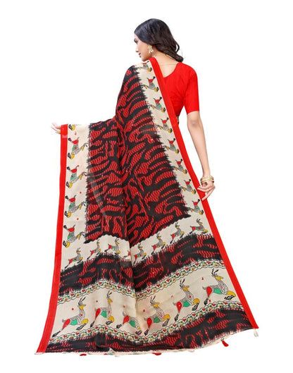 Red Coloured Poly Jute Printed Embellished Partywear saree | Sudathi