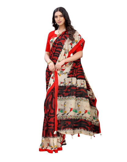 Red Coloured Poly Jute Printed Embellished Partywear saree | Sudathi