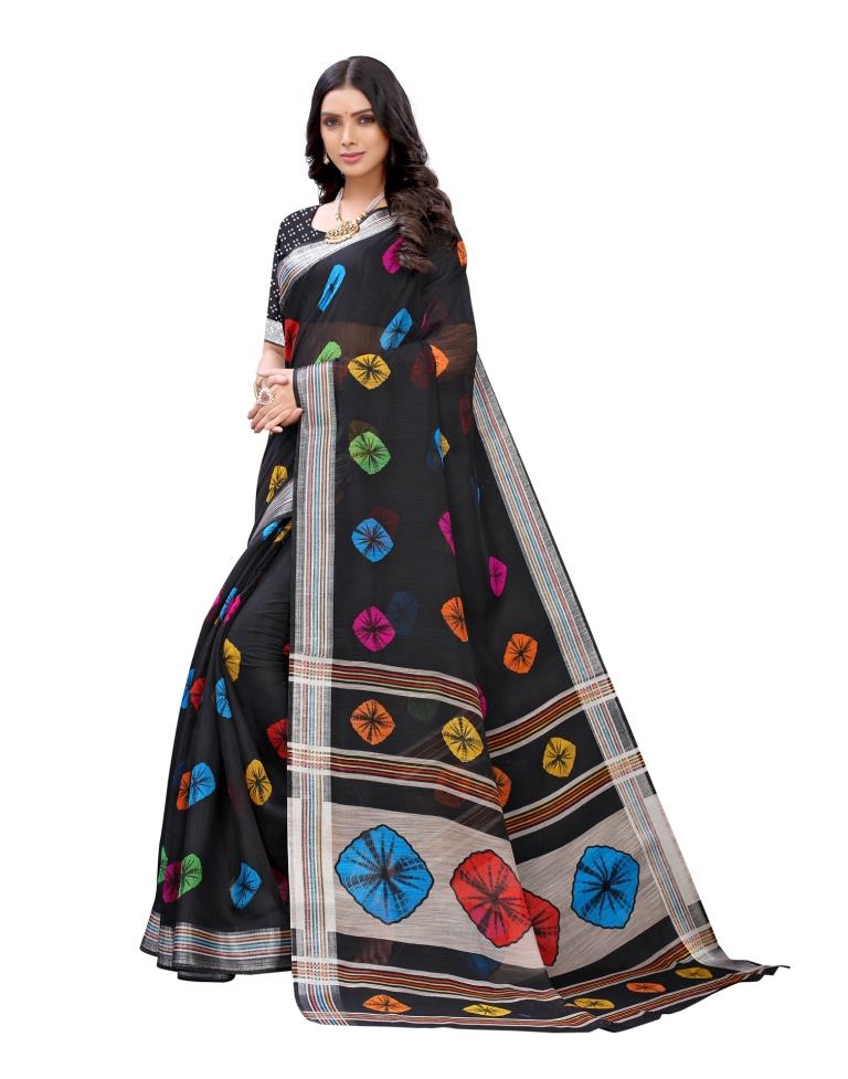 Black Coloured Poly Cotton Printed Casual saree | Sudathi