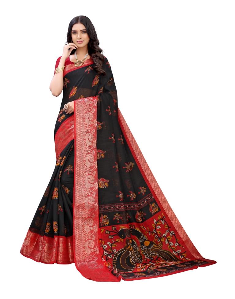 Black Coloured Poly Cotton Printed Jacquard Partywear saree | Sudathi