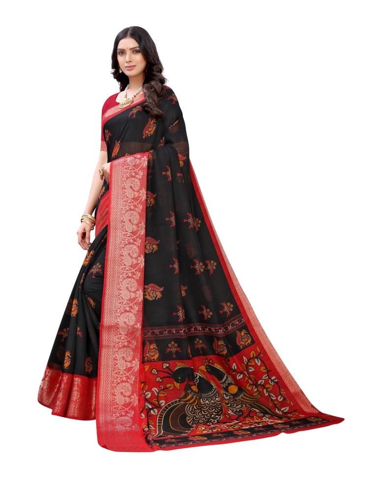 Black Coloured Poly Cotton Printed Jacquard Partywear saree | Sudathi