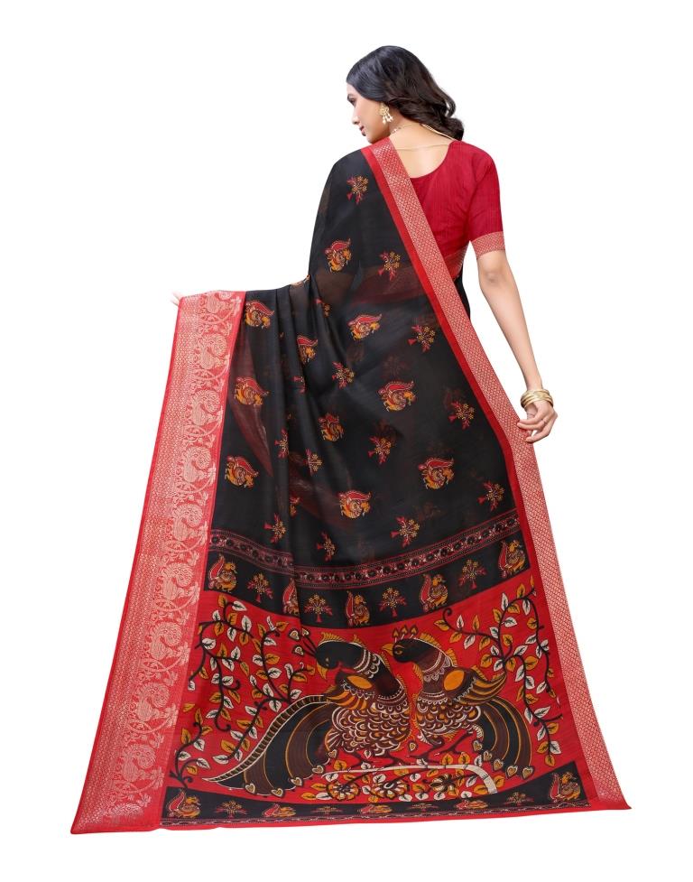 Black Coloured Poly Cotton Printed Jacquard Partywear saree | Sudathi