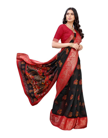 Black Coloured Poly Cotton Printed Jacquard Partywear saree | Sudathi