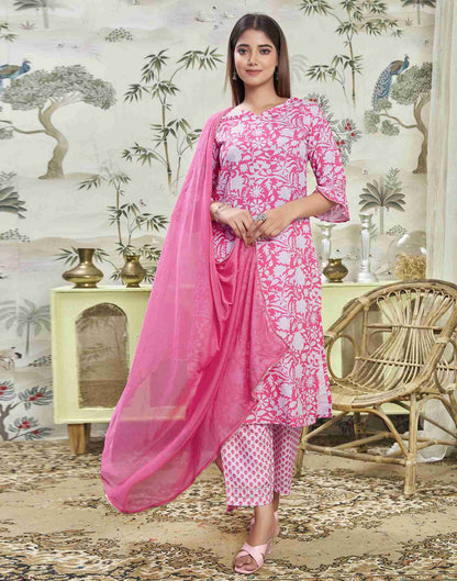 Pink Printed Rayon Straight Kurta Set With Dupatta