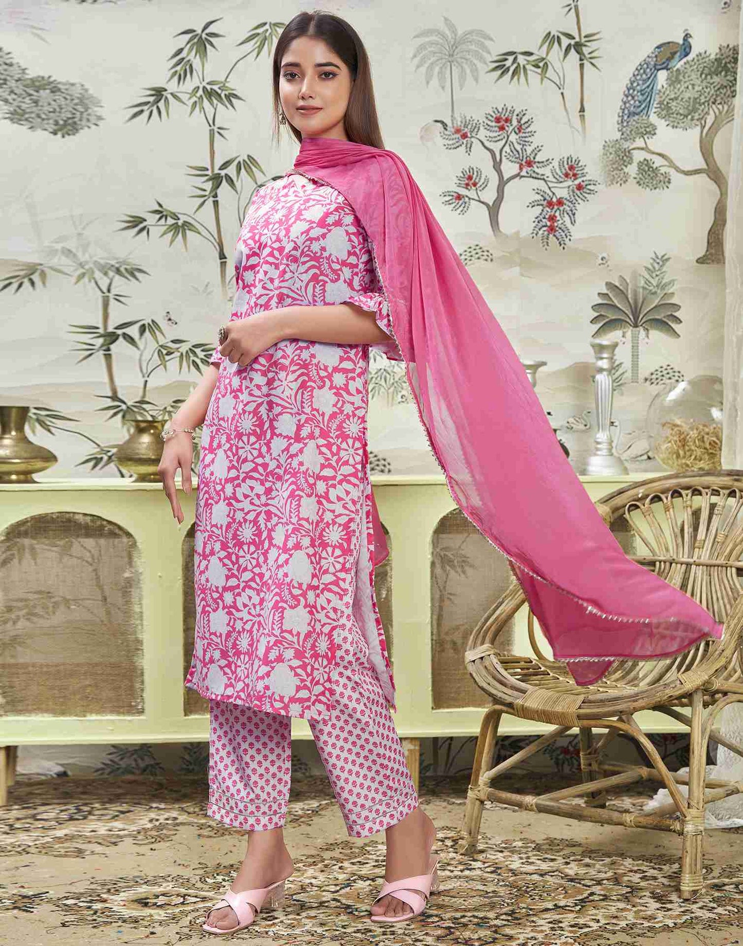 Pink Printed Rayon Straight Kurta Set With Dupatta