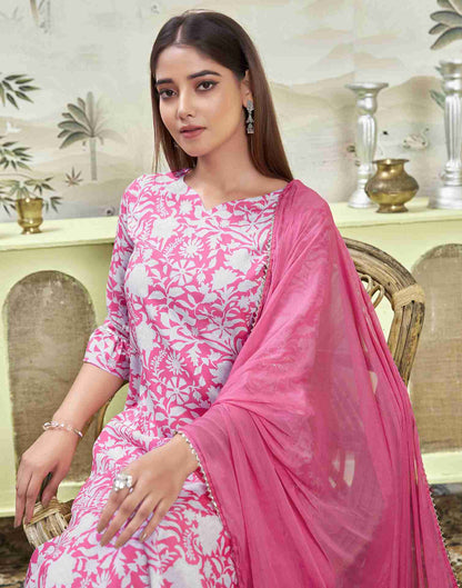 Pink Printed Rayon Straight Kurta Set With Dupatta