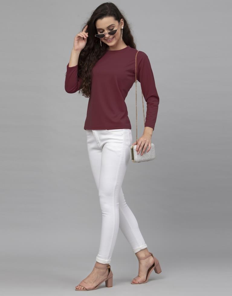 Amiable Maroon Coloured Knitted Lycra Tops | Leemboodi