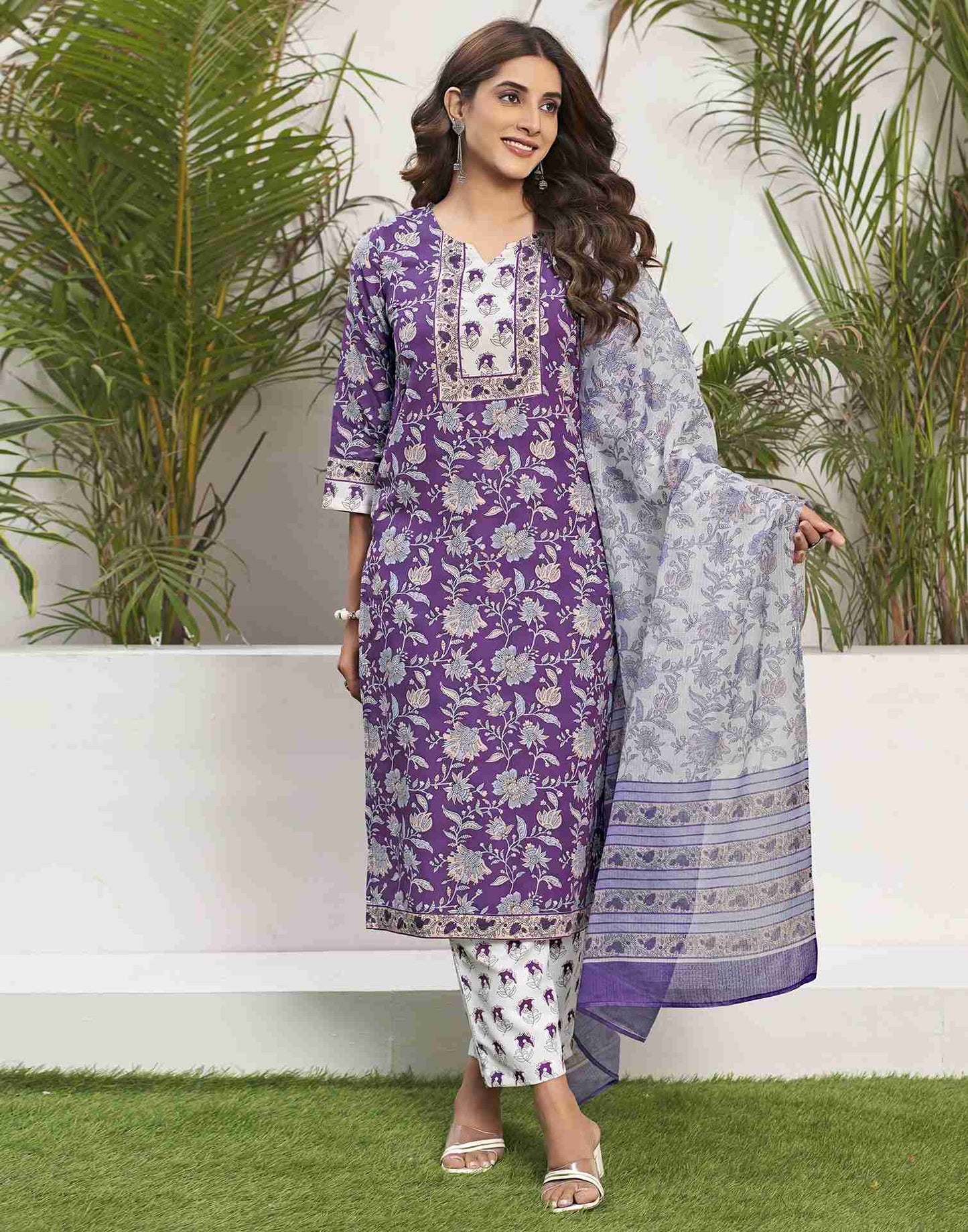 Purple Printed Rayon Straight Kurta Set With Dupatta