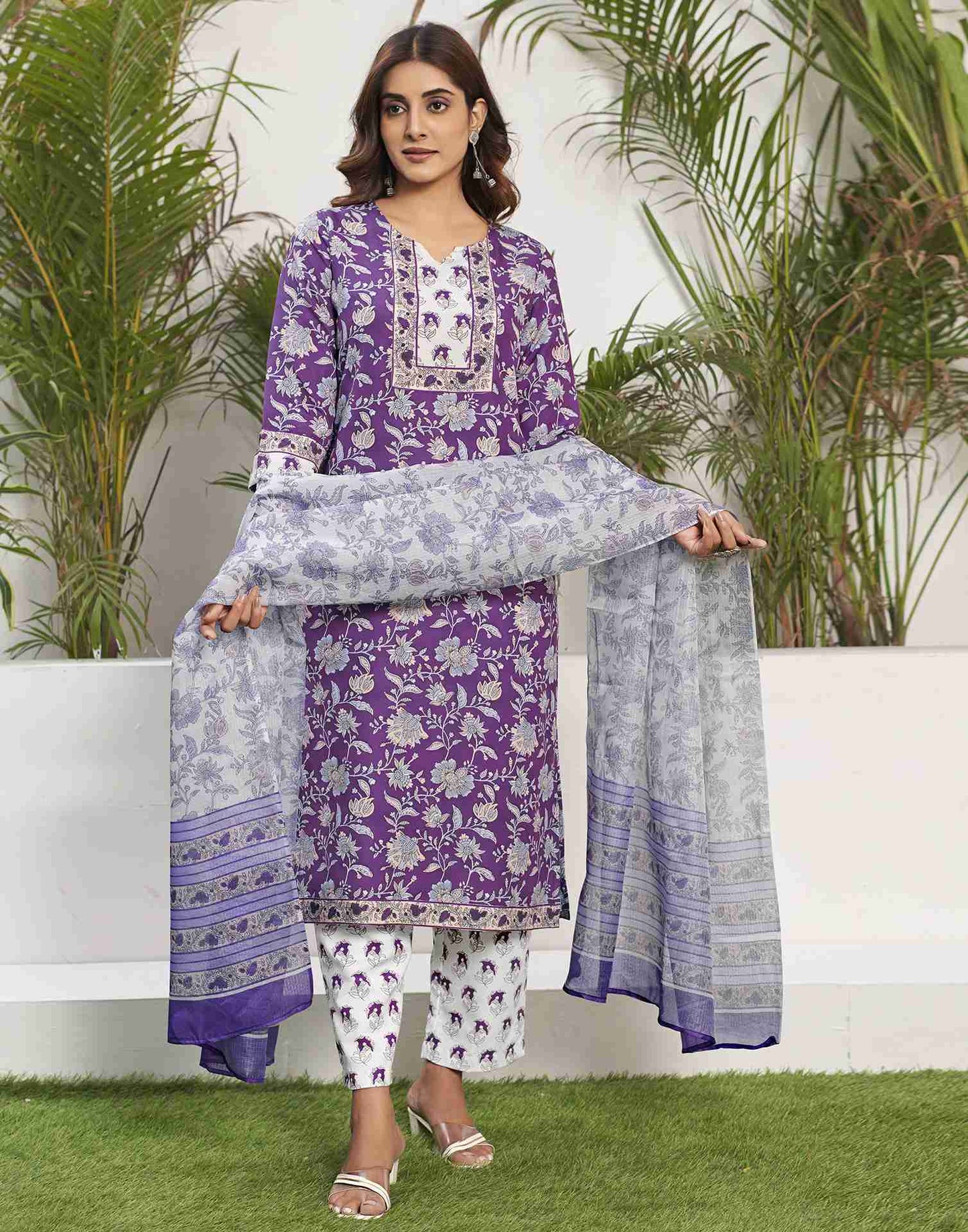 Purple Printed Rayon Straight Kurta Set With Dupatta