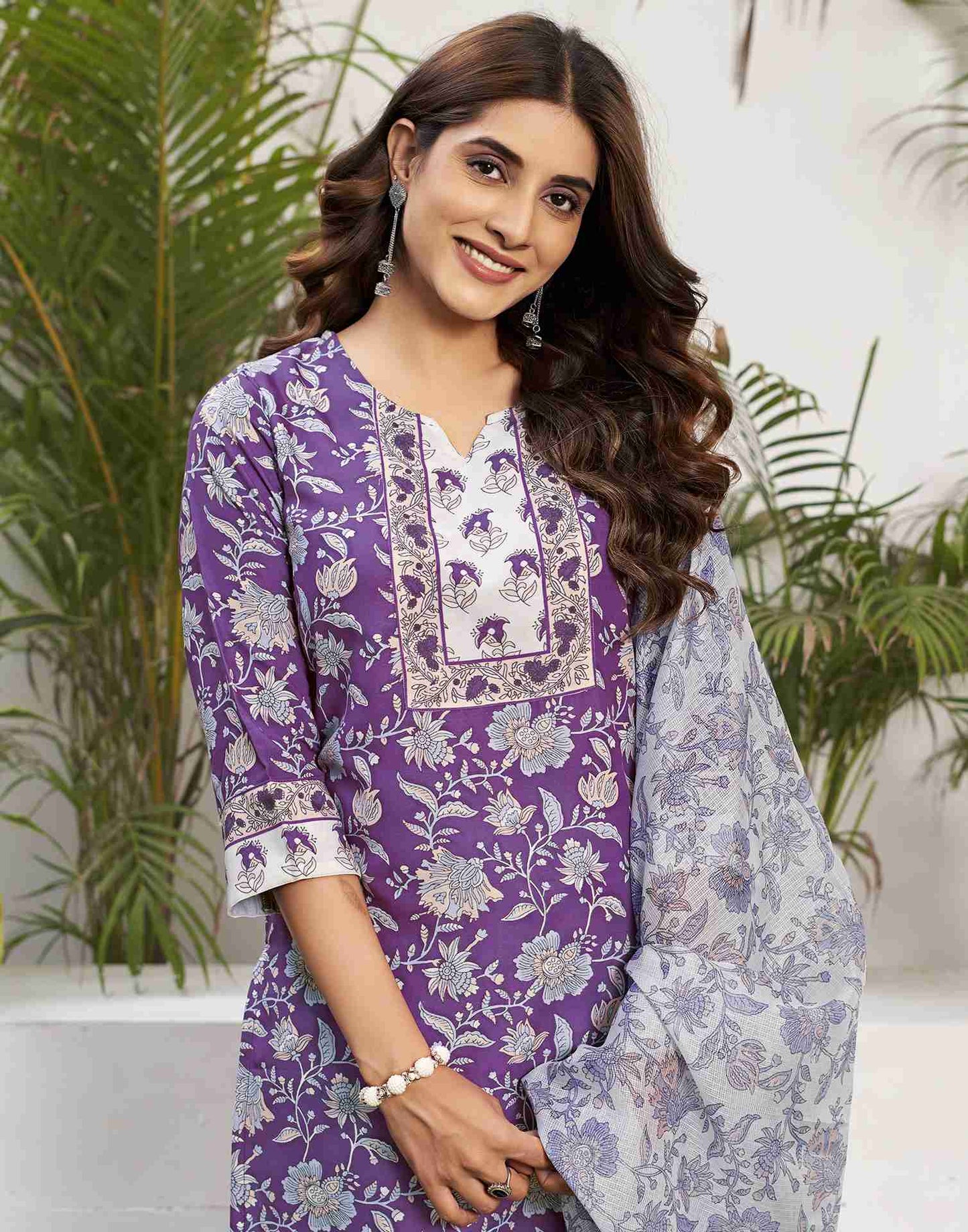 Purple Printed Rayon Straight Kurta Set With Dupatta