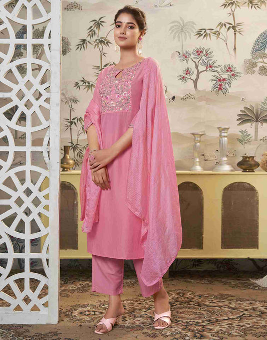 Pink Embroidery Chinnon Straight Kurta Set With Dupatta