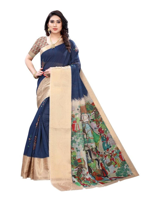 Navy Blue Coloured Poly Cotton Printed Jacquard Partywear saree | Sudathi
