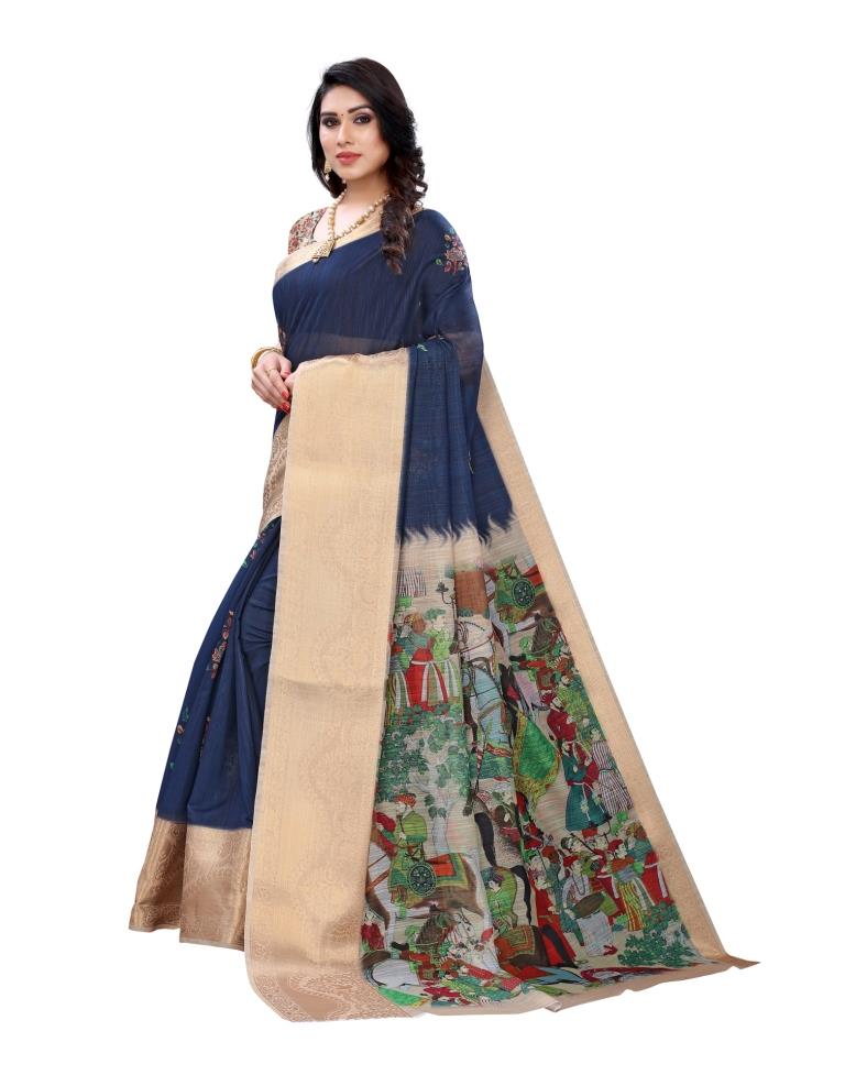 Navy Blue Coloured Poly Cotton Printed Jacquard Partywear saree | Sudathi