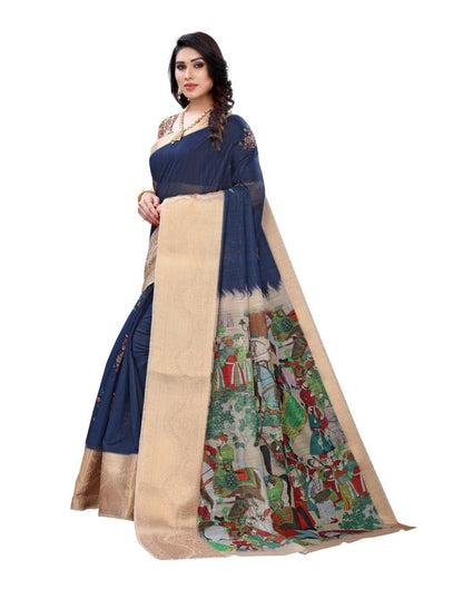 Navy Blue Coloured Poly Cotton Printed Jacquard Partywear saree | Sudathi