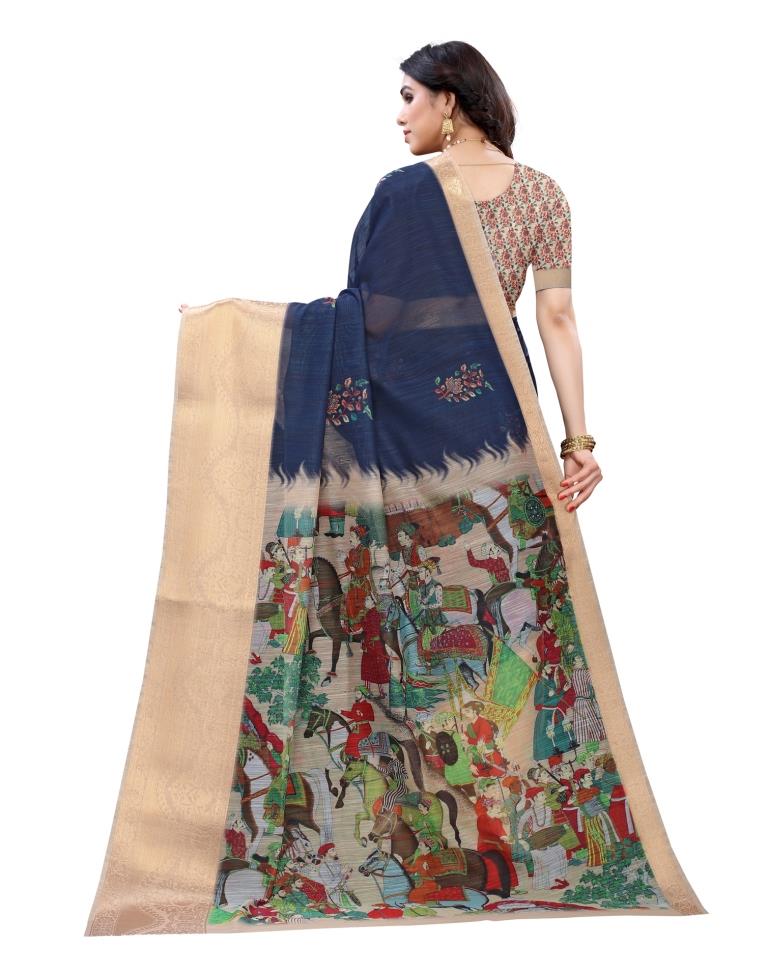 Navy Blue Coloured Poly Cotton Printed Jacquard Partywear saree | Sudathi