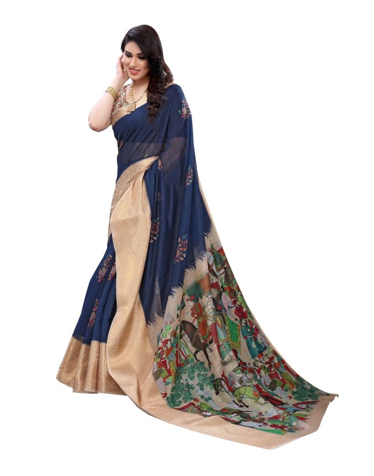Navy Blue Coloured Poly Cotton Printed Jacquard Partywear saree | Sudathi