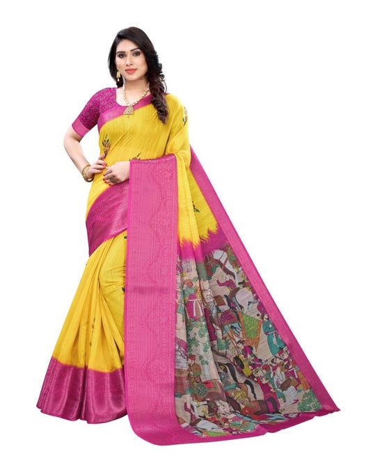 Yellow Coloured Poly Cotton Printed Jacquard Partywear saree | Sudathi