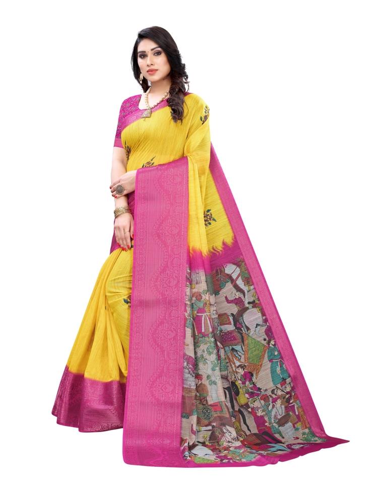 Yellow Coloured Poly Cotton Printed Jacquard Partywear saree | Sudathi