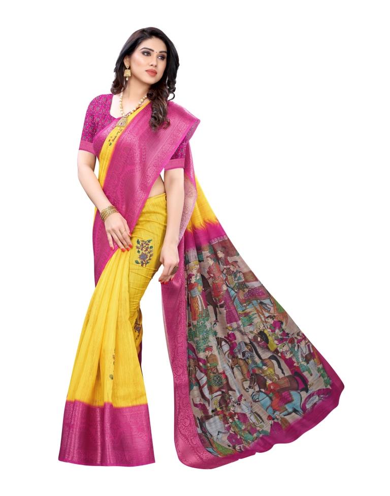 Yellow Coloured Poly Cotton Printed Jacquard Partywear saree | Sudathi