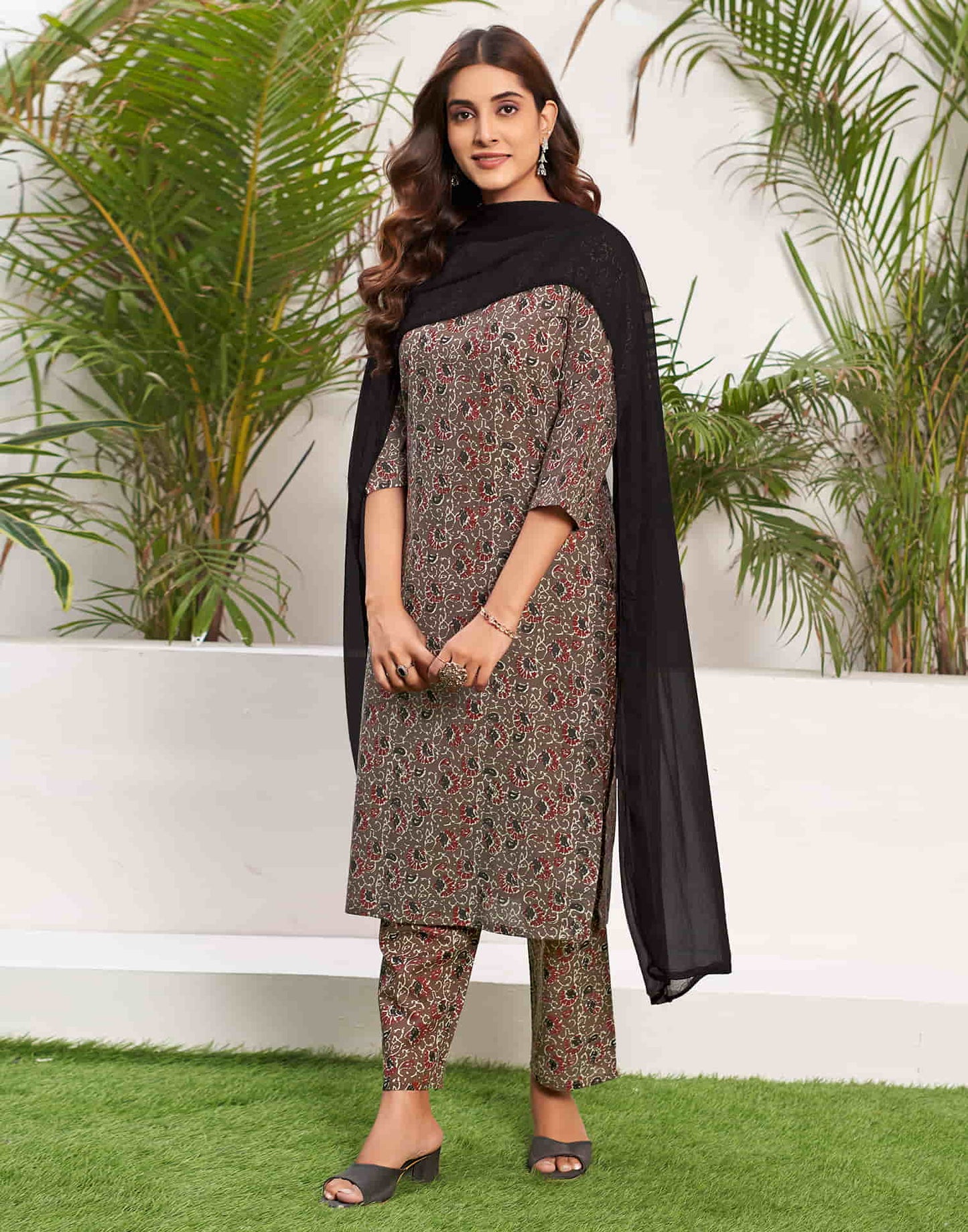 Walnut Brown Printed Cotton Straight Kurta With Pant And Dupatta