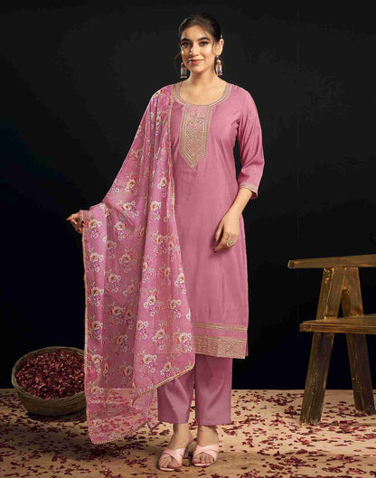 Pink Chanderi Embroidery Straight Kurta Set With Dupatta